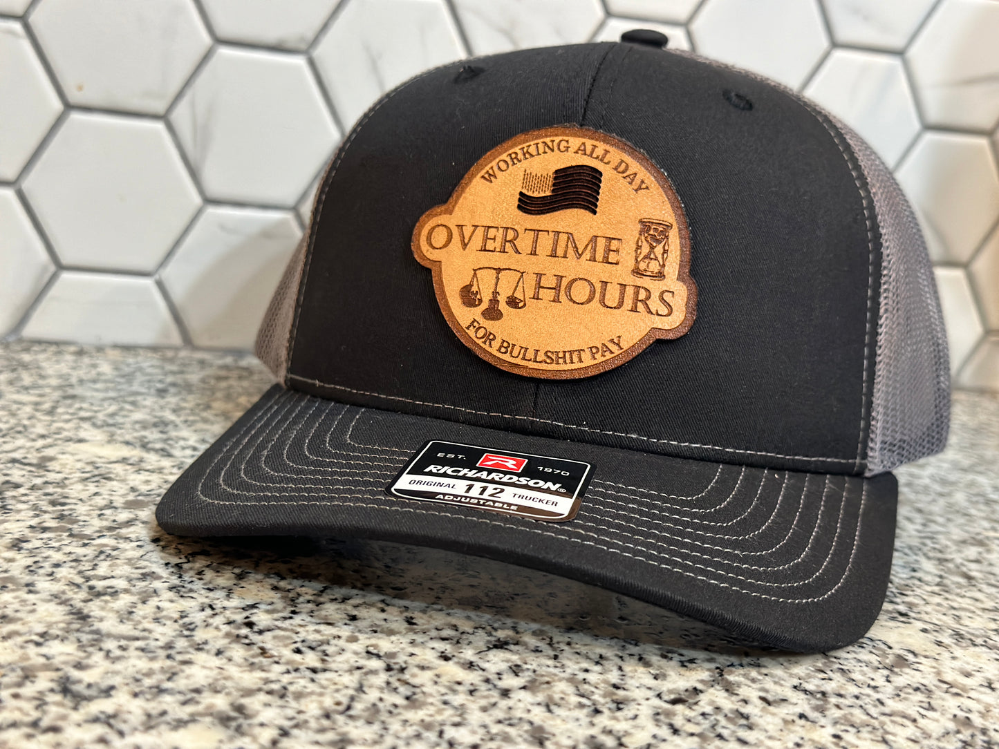 Overtime Hours w/Flag Leather Patch Hat