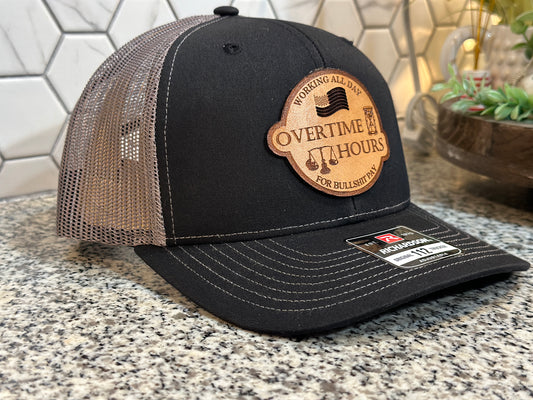 Overtime Hours w/Flag Leather Patch Hat